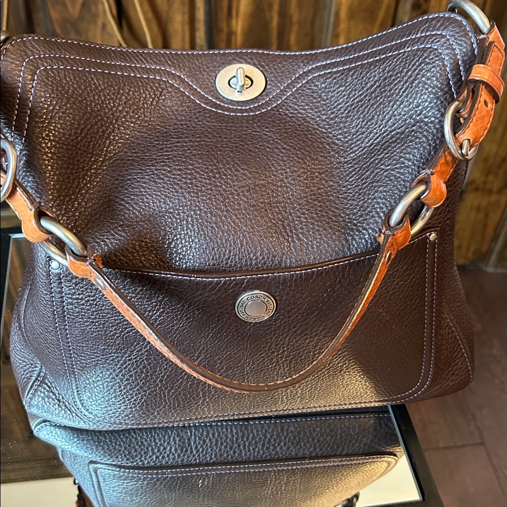 Coach Dark Brown Leather Shoulder Bag with purple stitching and lining
